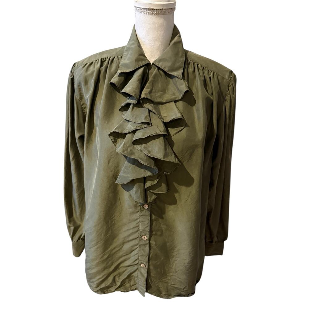 Vintage Rafaella Poets Shirt Olive Green Silk Button Down S